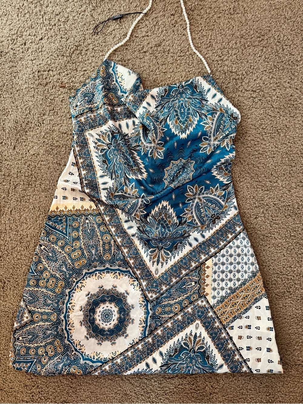 Zaful Blue Paisley Halter Mini Dress with Cream & Tan Accents